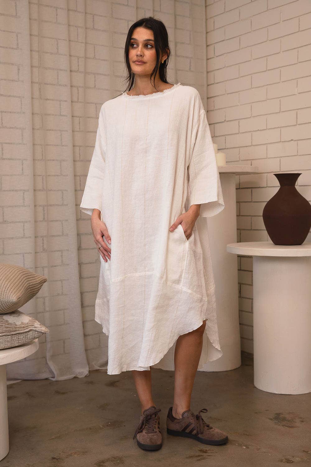 The Carter Malle Linen Dress - Off White w' Nutmeg for wholesale on Faire1