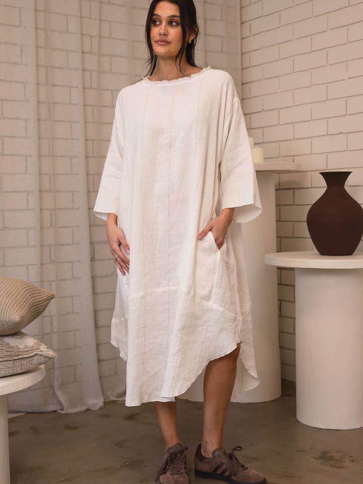 The Carter Malle Linen Dress - Off White w' Nutmeg for wholesale on Faire1