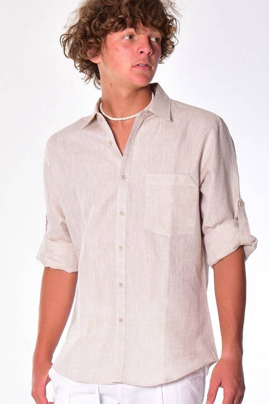 Azucar & Bohio - Vente Chemise à col boutonné – homme - Chemise en lin 100 % à manches longues retroussables, douce au toucher13