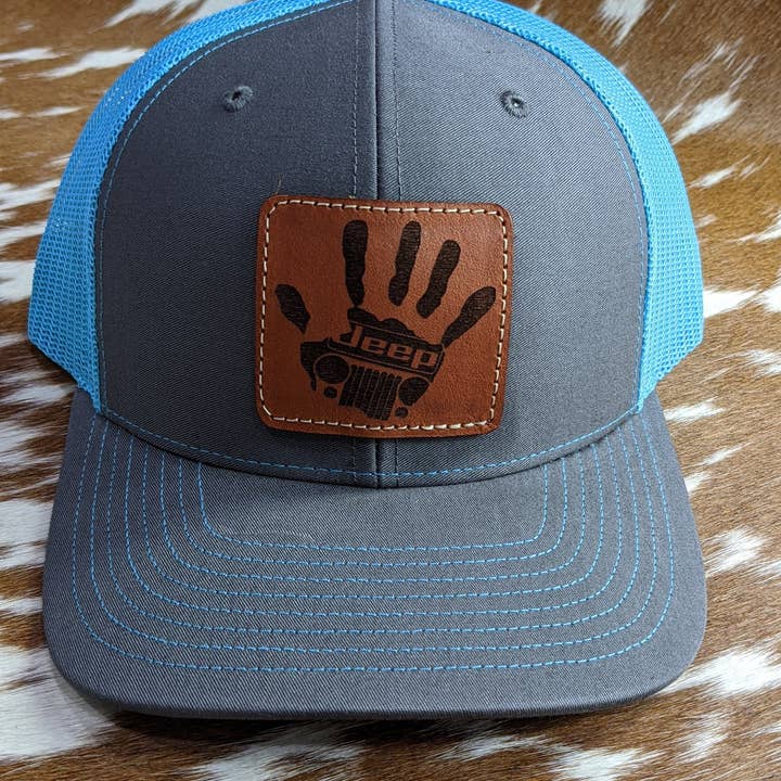 NDesigns Leather - Wholesale Trucker Hat - Unisex - Jeep Wave Leather Patch on hat, sewn patch, not glued!0