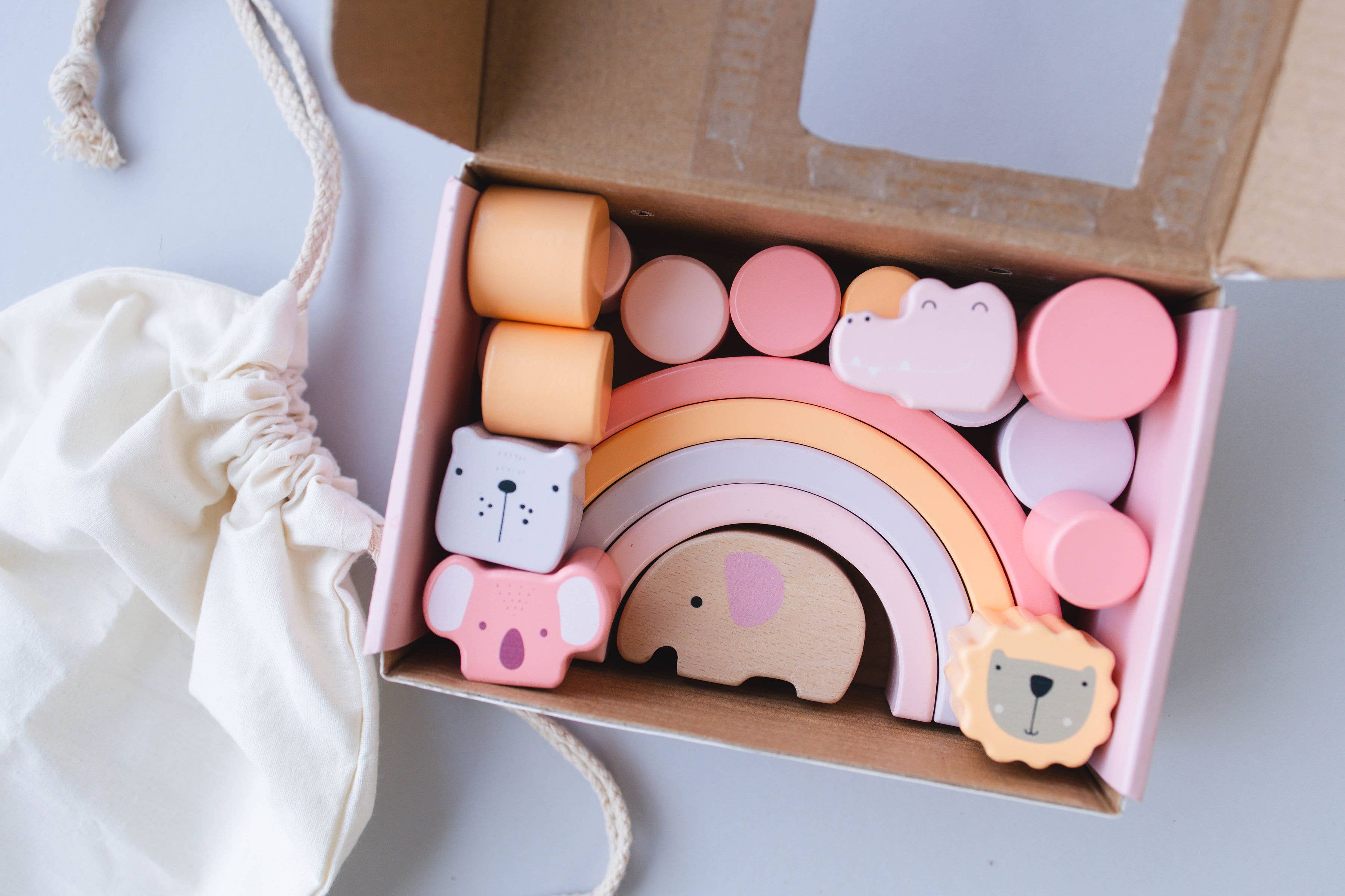 Spirit 'N Sprout - Wholesale Toy Set - Kids - CASE Pink Animal Stacking Set - Wooden Rainbow Stacking Toy 9