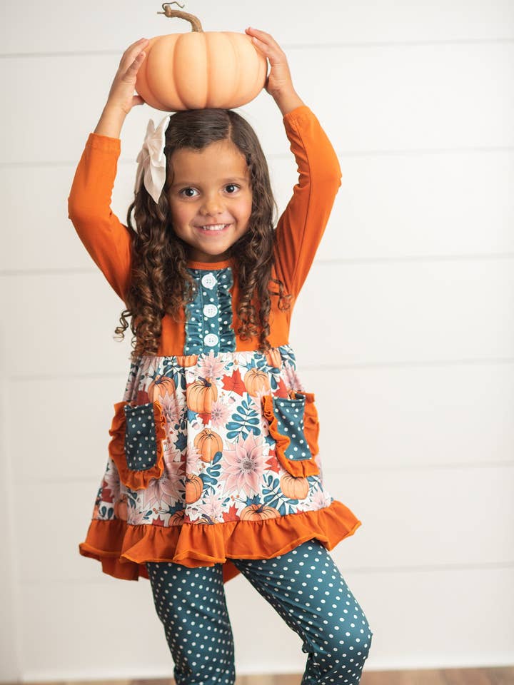 Kids Sage & Pumpkin Ruffle Pocket Polka Dot Fall Pant Set for wholesale by Adorable Sweetness