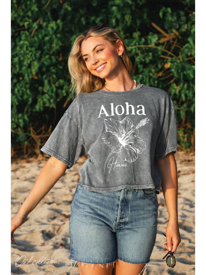 OAT COLLECTIVE - Wholesale Screen Printed T-Shirt - Women's - ALOHA HAWAII Cropped Mineral Washed Graphic Top
9