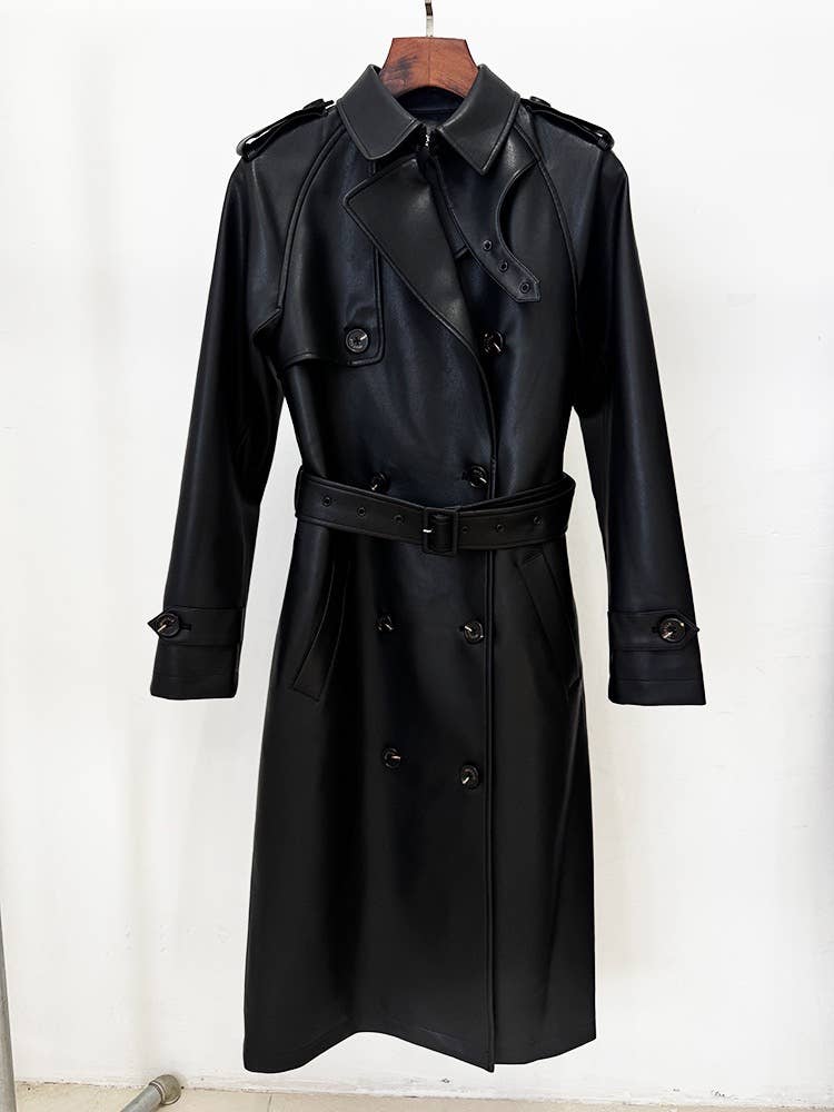 Productseeker - Wholesale Trench Coat - Women's - CT139Y Belted PU Trench Coat with Double-Breasted Front0