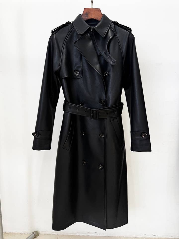 Productseeker - Wholesale Trench Coat - Women's - CT139Y Belted PU Trench Coat with Double-Breasted Front