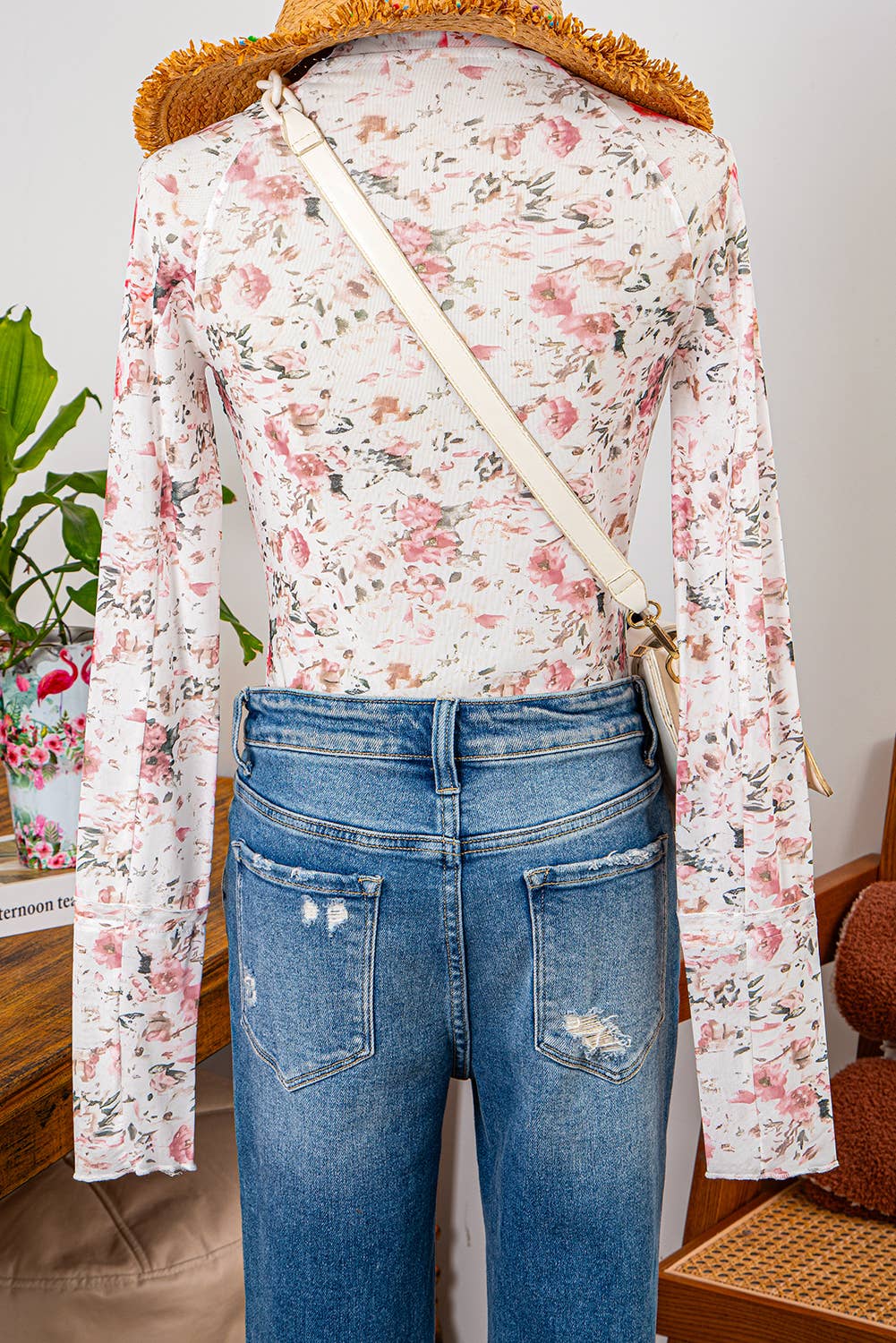 fashionworks - Wholesale Blouse - Women's - Fashion-W Floral Long Sleeve Mock Neck Sheath Mesh Blouse8