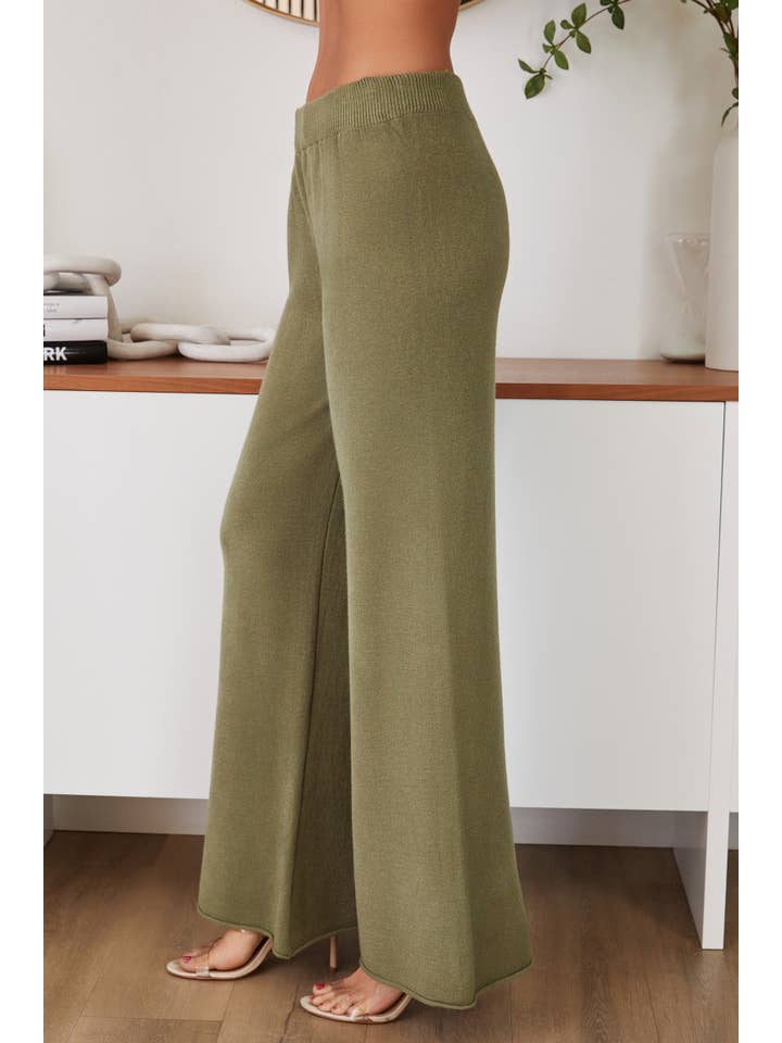 Army Green VISCOSE KNIT FLARED PANTS (27739/330106-ARMYGREEN) for wholesale on Faire1