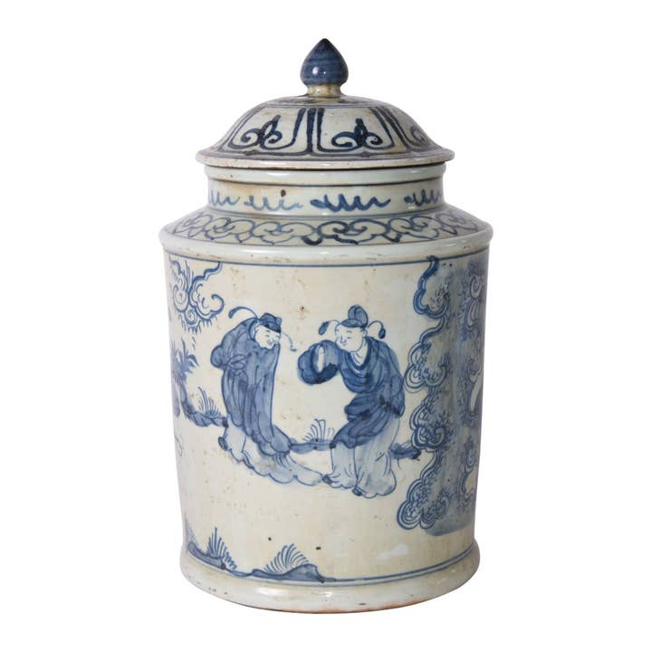 Legend Accents - Wholesale Decorative Jar - Blue And White Ancient People Lidded Jar