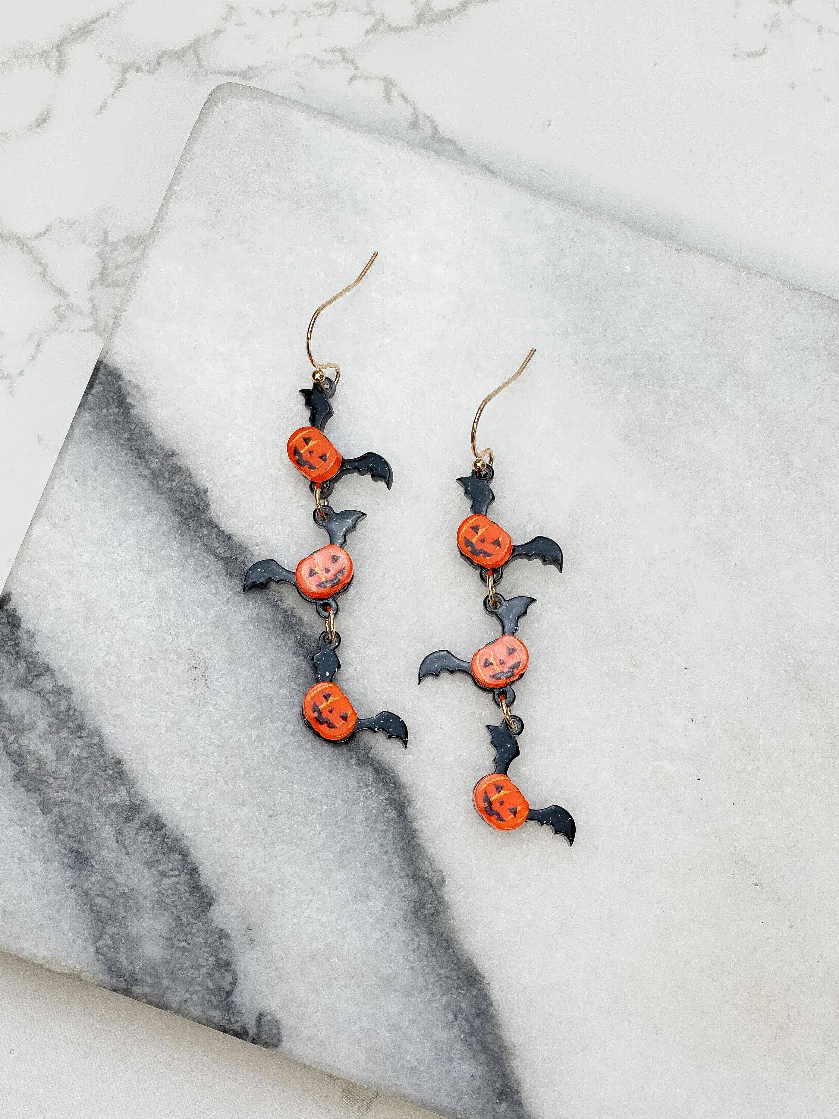 Prep Obsessed Wholesale - Wholesale Dangle Earrings - Pumpkin Bat Acrylic Dangle Earrings1