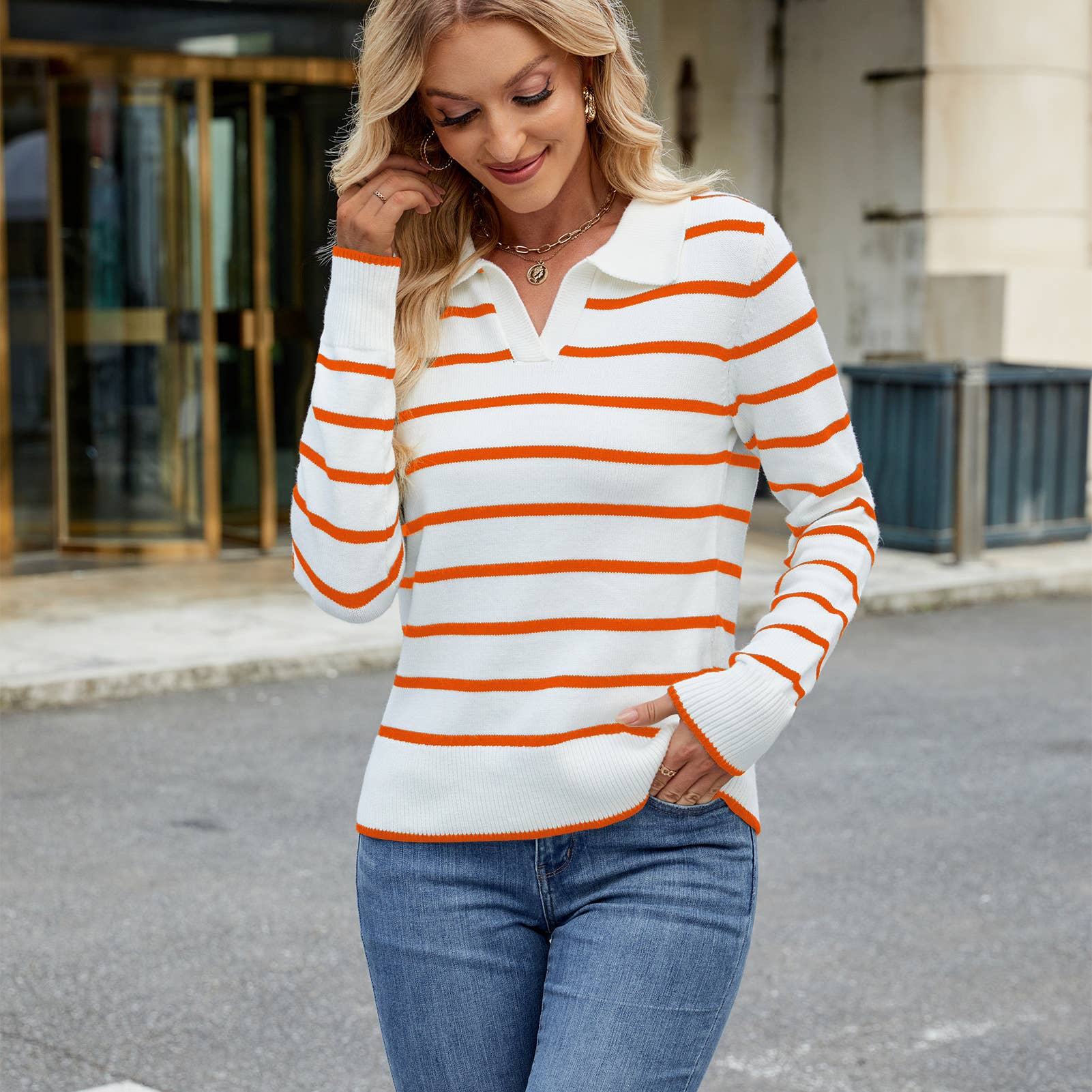 Lily Clothing - Wholesale Knit Sweater - Women's - CASUAL COLOR STRIPED SWEATER WITH LAPEL NECK18