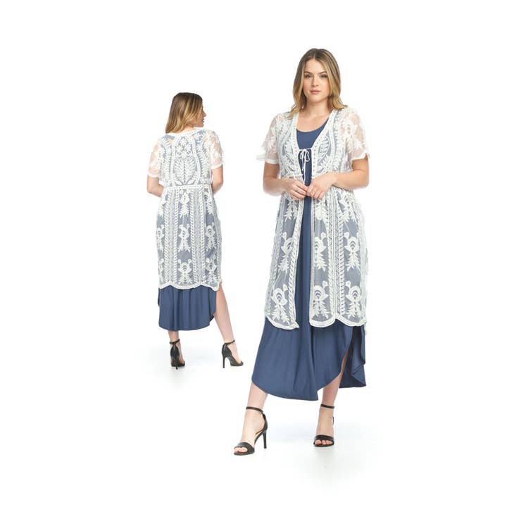PT07014 WHITE Lace Short Sleeve Duster for wholesale by Papillon