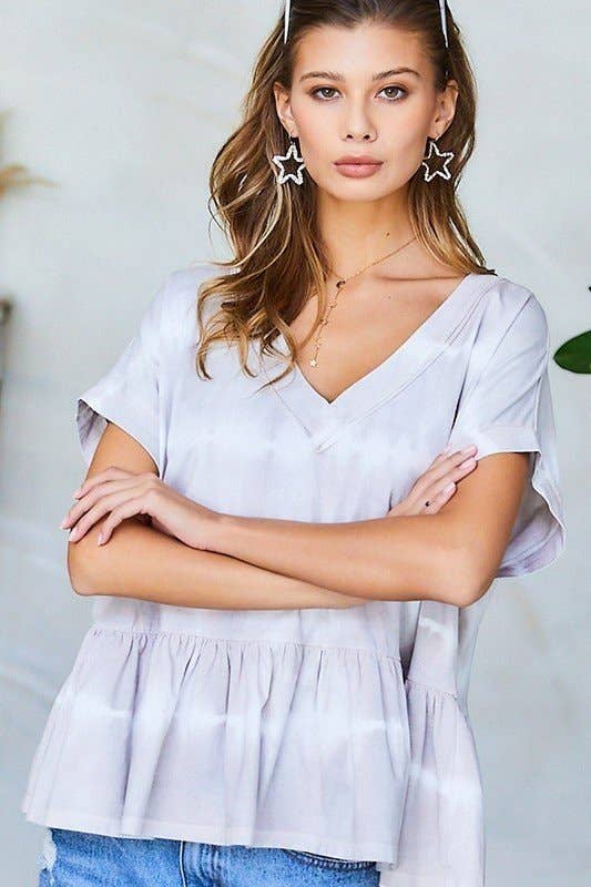 GREY V Neck Drop Shoulder Baby Doll Tie-Dye Top for wholesale on Faire9