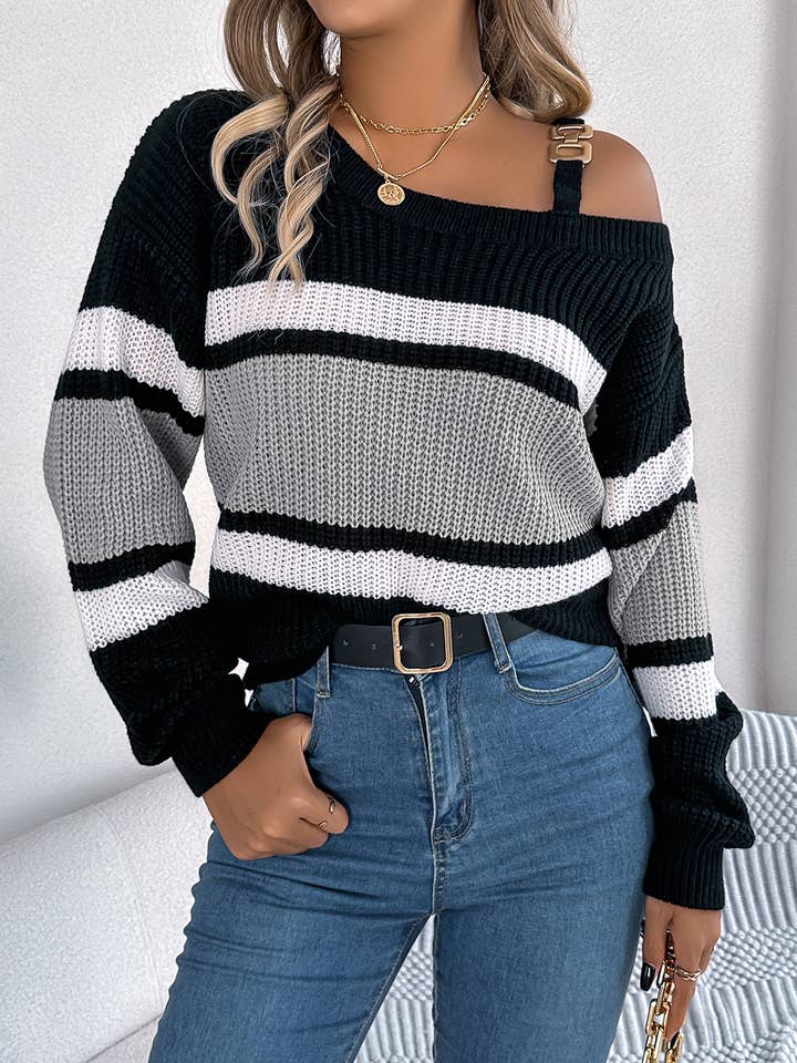 Casual Contrasting Striped Off Shoulder Pullover Sweater for wholesale by Wholesalesir