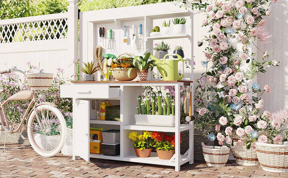 39F Inc. - Vente Bibelots/décorations d'extérieur - Banc de rempotage en bois de sapin blanc avec crédence, poste de travail de jardin1