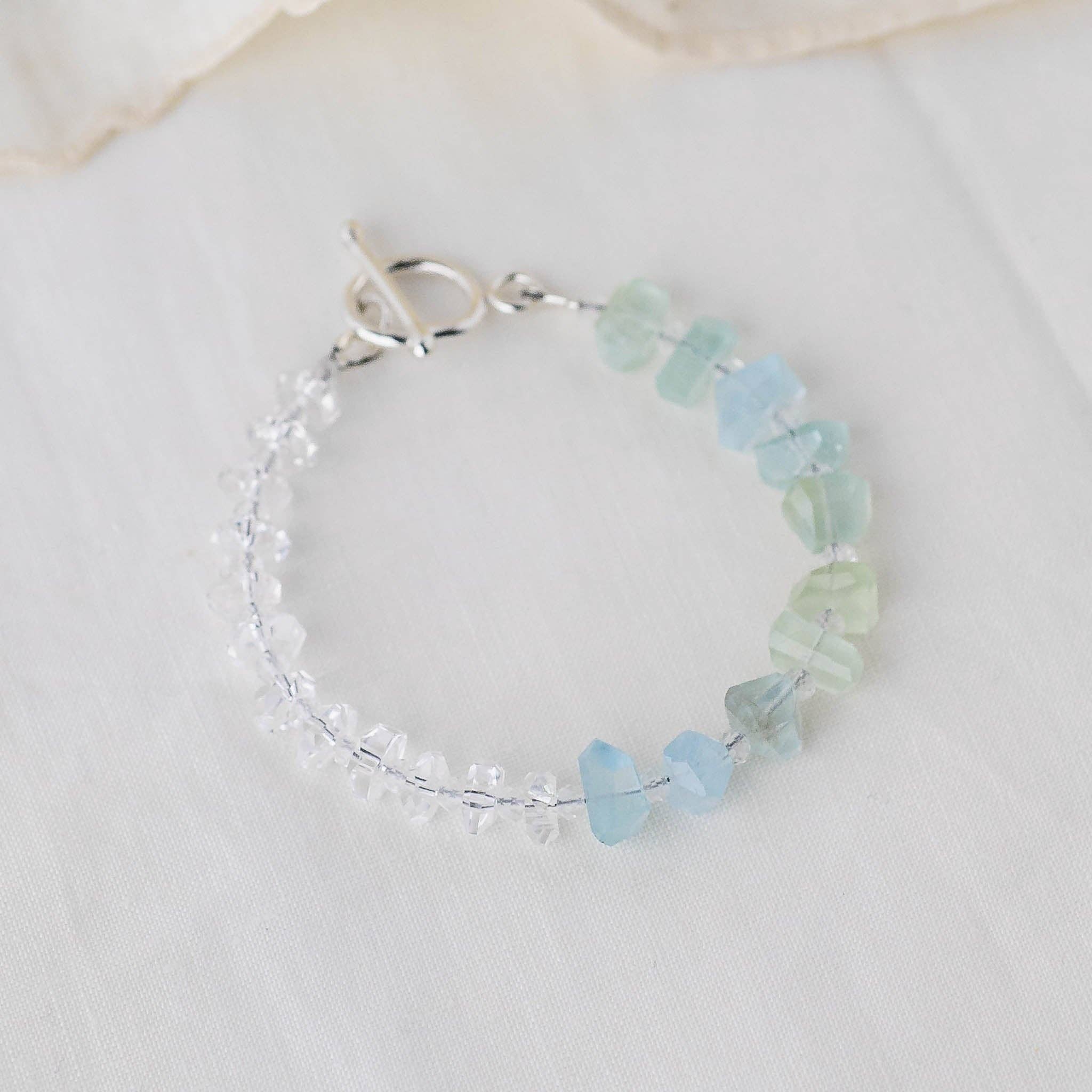 LoveGem Studio LLC - Wholesale Beaded Bracelet - Ocean's Whisper Bracelet – Premium Grade Aquamarine & Ice-Clear Quartz with Argentium Silver Toggle1