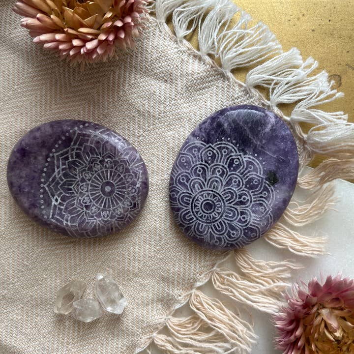 Fractalista Designs - Wholesale Spiritual stone/crystal - Etched Lepidolite Worry Stone - Assorted Mandalas1