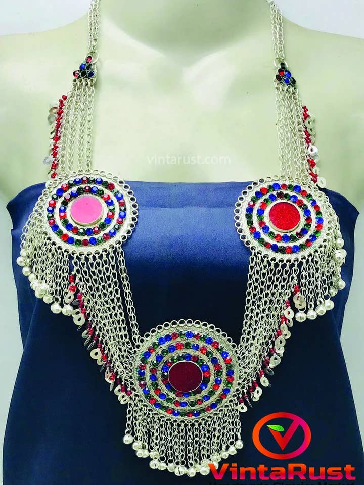 Große Kuchi-Halskette aus Silber, handgefertigte Zigeuner-Lätzchenkette für den Großhandel von vintarust