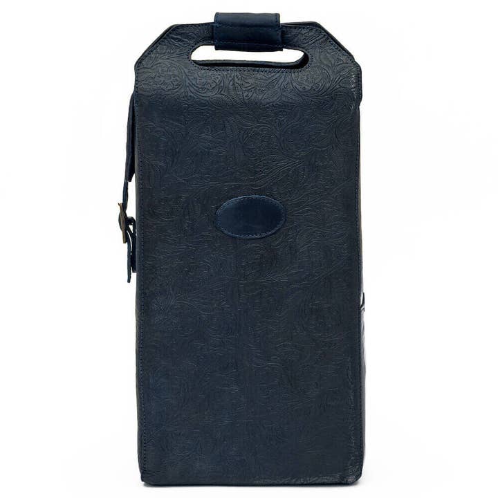 Heritage Tooled Leather Two Bottle Wine Carrier for wholesale by Mission Mercantile Leather Goods