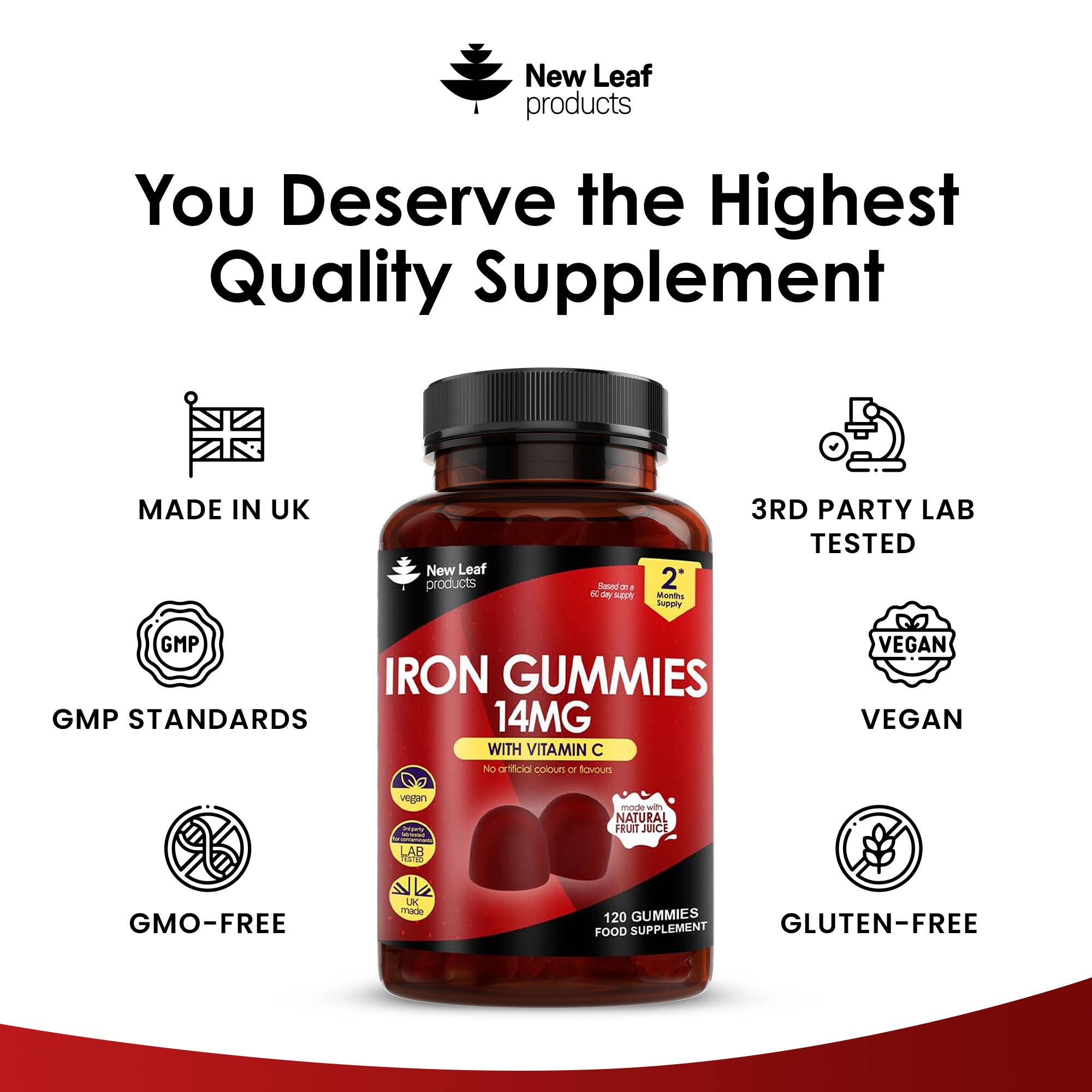 New Leaf products Ltd – wholesale Oral supplement/vitamin – Iron Gummies 14mg - 120 Iron Supplements Enriched Vitamin C3