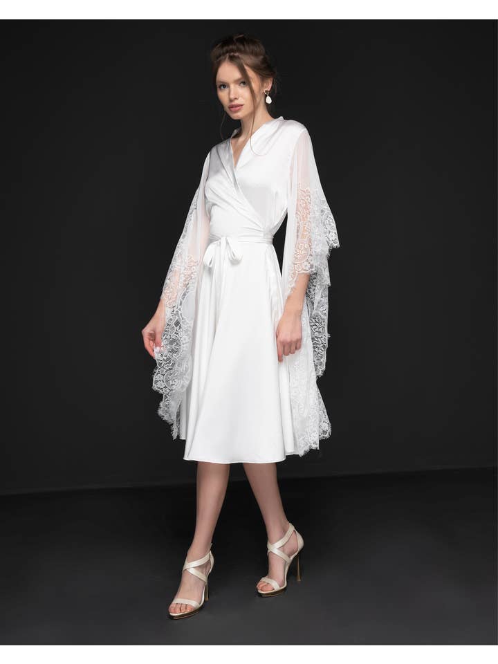 KÂFEMME and Co - Wholesale Dress - Women's - Angel Midi Wrap Sheer Sleeve Dress White