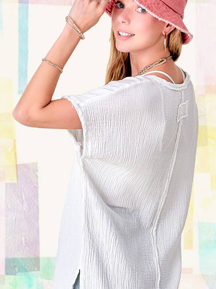 HBT7624-Loose Fit Gauze Fabric Short Sleeve Top for wholesale by La Miel