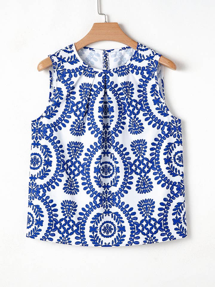 Blue Vintage Print Pintuck Crew Neck Tank Top for wholesale on Faire