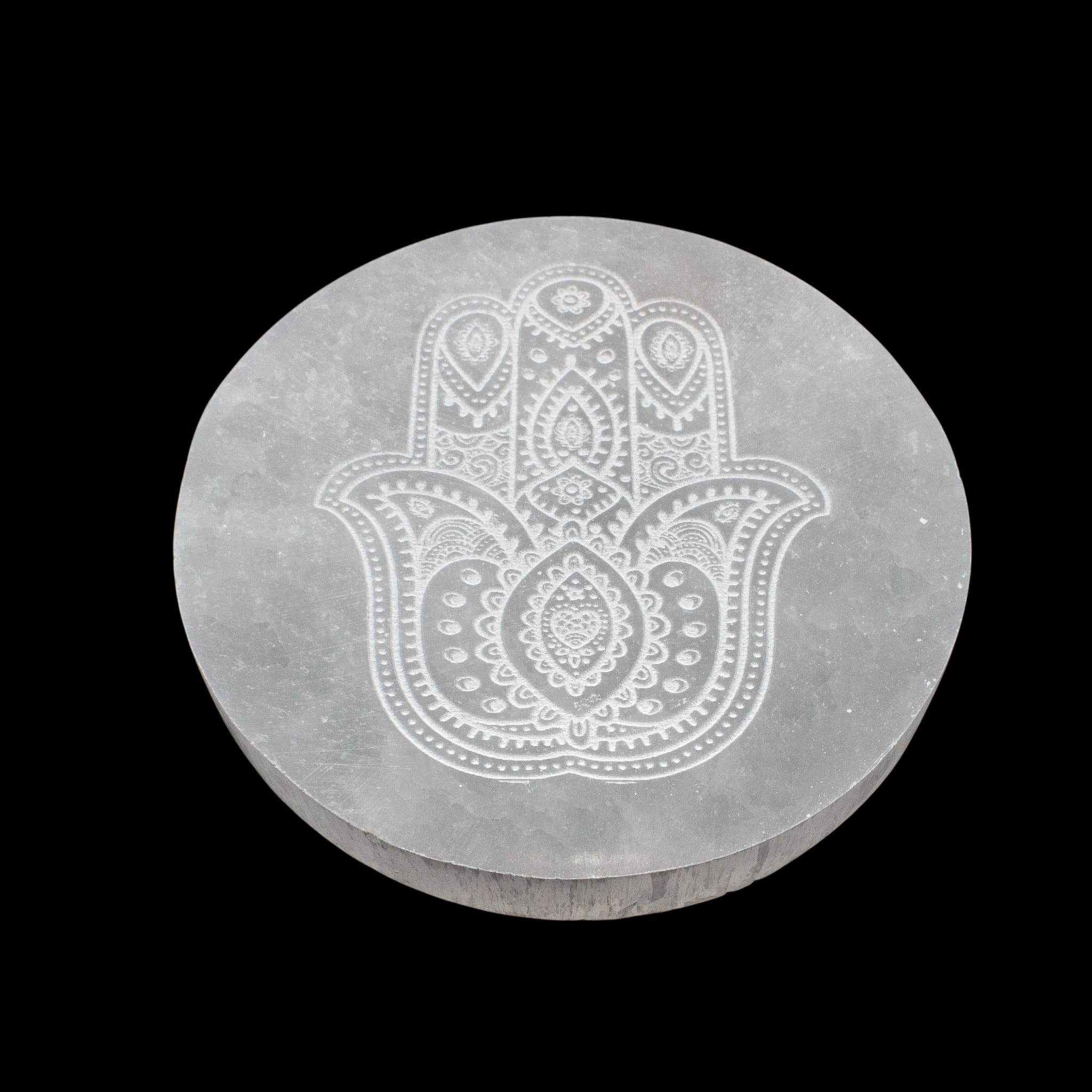 Quasar Gems USA - Wholesale Crystal Charging Plate - Selenite Engraved Round Shemoni Hamsa Charging Plate 1