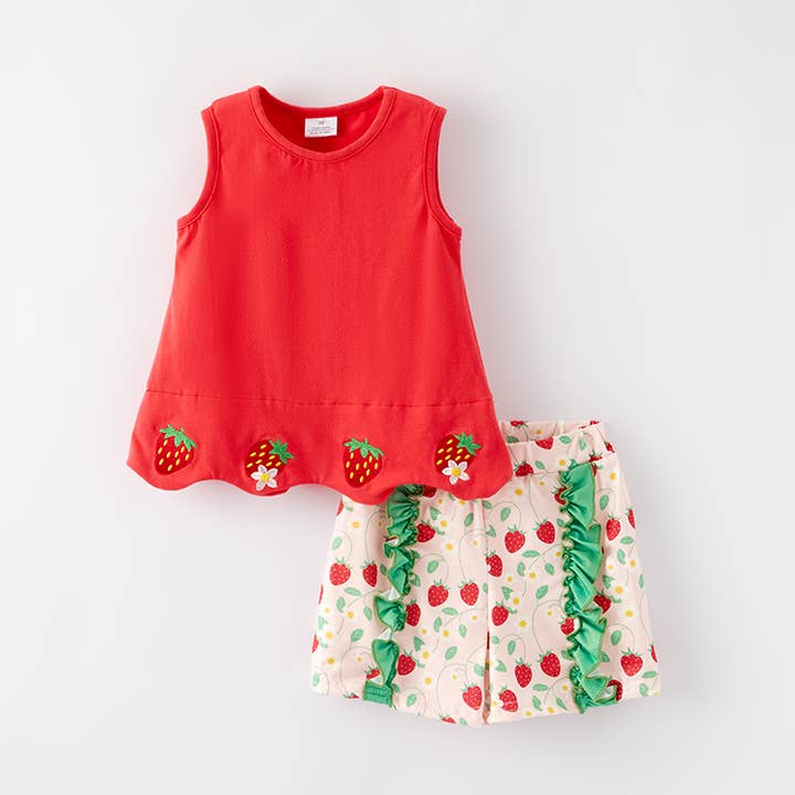 Girls Summer "Strawberry Season" Embroidery Short Set for wholesale by Auraquise