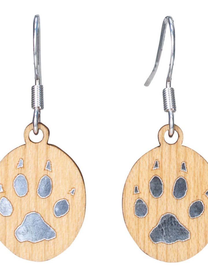 Paw Print Twig Earring with Silver Foil Accent for wholesale by Woodcutts Inc.