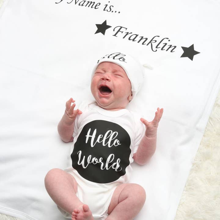 Personalised Hello World Baby Blanket for wholesale by Mini Kings and Queens