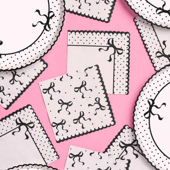 xo, Fetti - Wholesale Disposable Napkin - White Black Bow Cocktail Napkins | 24 Pack 3-Ply2