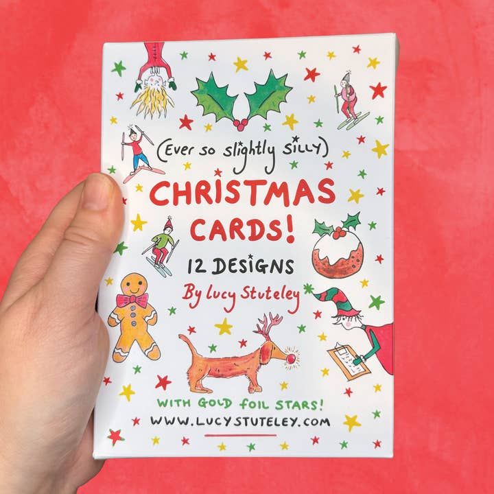 Pack of 12 Funny Christmas Cards for wholesale by Lucy Stuteley
