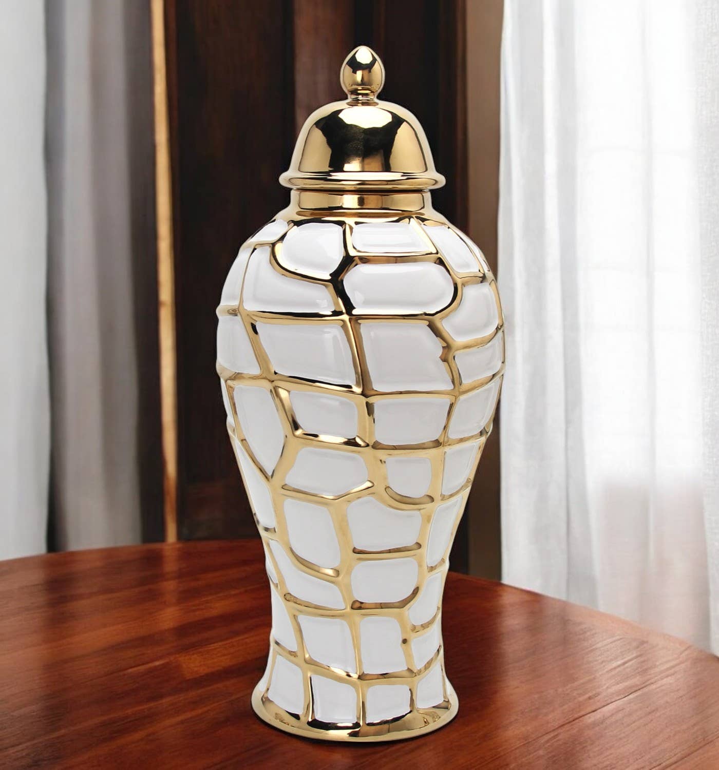 HomeRoots - Wholesale Vase - 20" White and Gold Abstract Urn Ceramic Ginger Jar