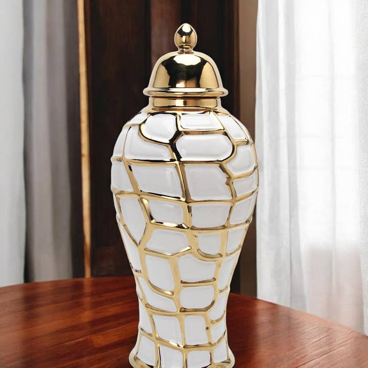 HomeRoots - Wholesale Vase - 20" White and Gold Abstract Urn Ceramic Ginger Jar0