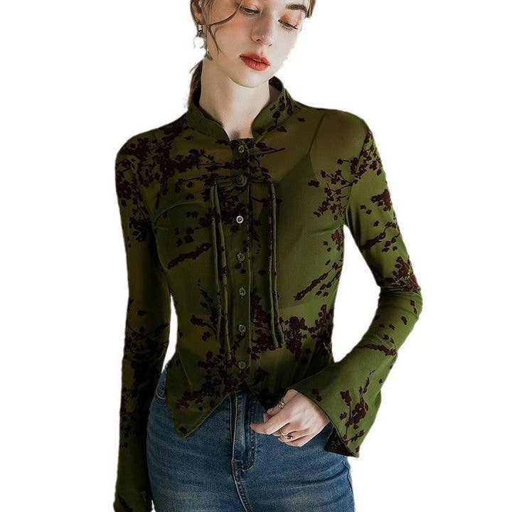 VERT Chemise boutonnée à manches longues en maille de couleur unie en vente sur Faire4