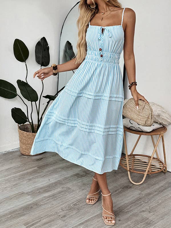 Striped Sleeveless A-Line Sundress with Button Front for wholesale by Lovesoft