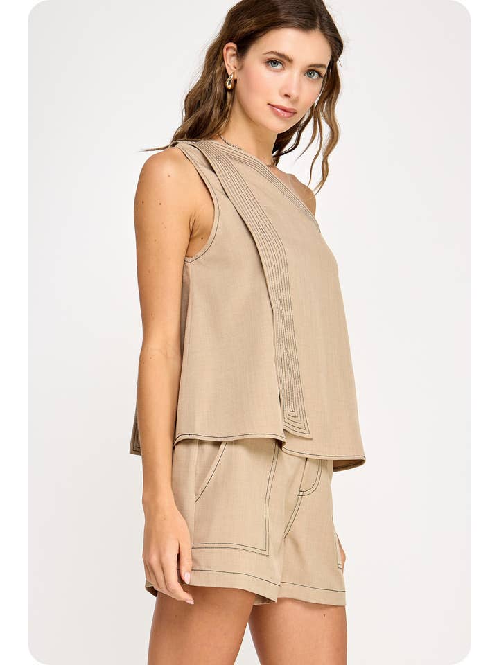 Strut & Bolt - Wholesale Blouse - Women's - Top Stitch Detail One Shoulder Top