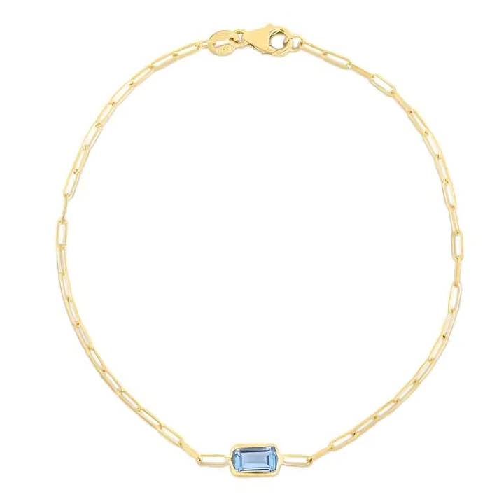 Pulsera de eslabones de papel de topacio azul de 14 quilates, pulsera de piedra de nacimiento para venta al por mayor de PureYou Jewelry
