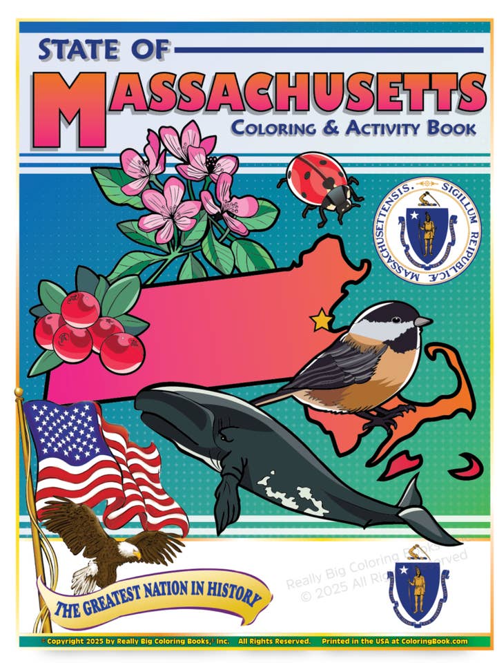 Libro da colorare dello Stato del Massachusetts 21,6 x 27,9 cm per la vendita all'ingrosso da parte di Really Big Coloring Books | ColoringBook.com