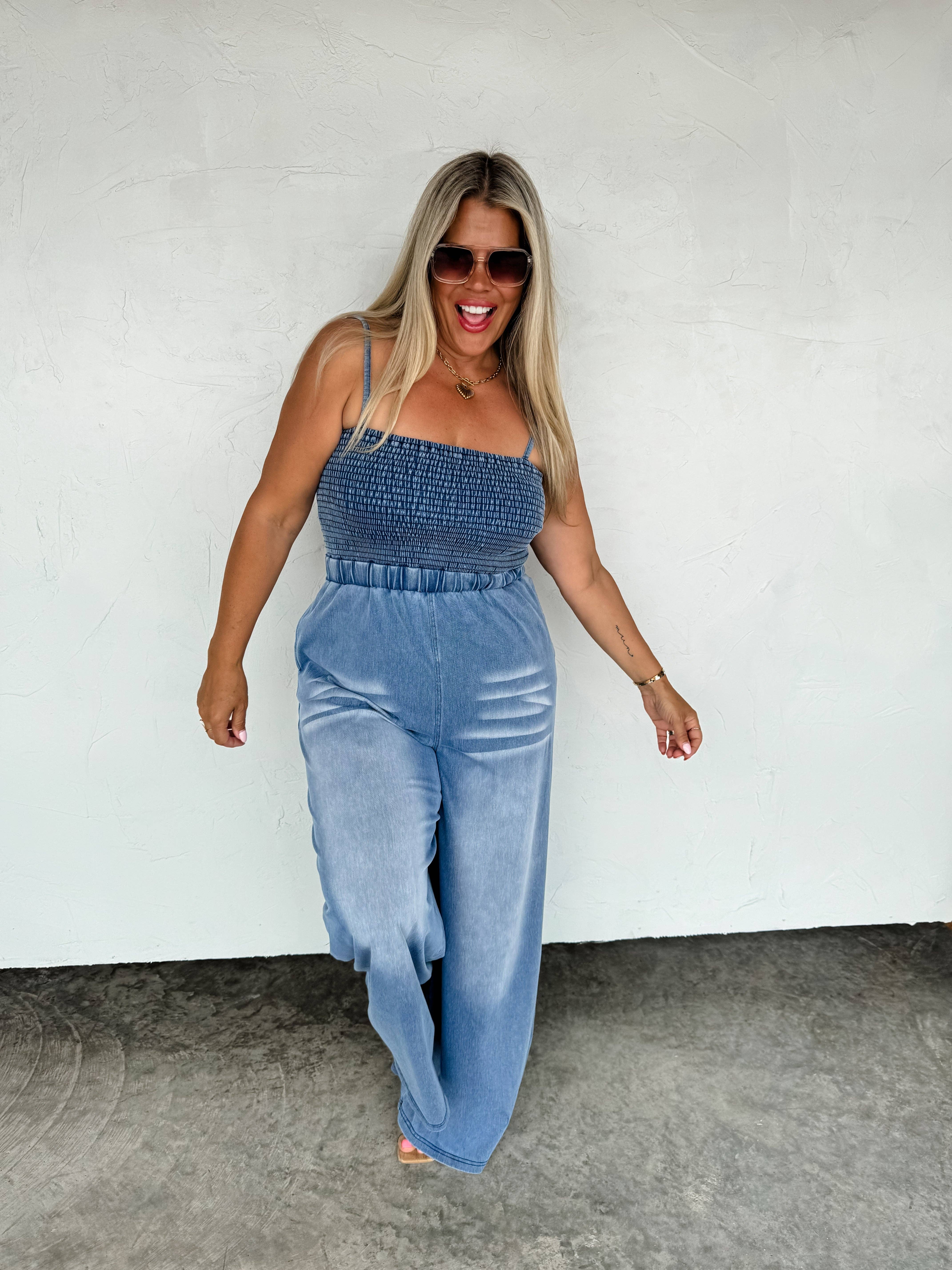 BLAKELEY - Wholesale Romper - Women's - DENIM CRUSH SMOCKED ROMPER8