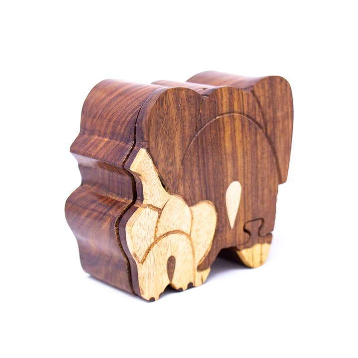 Sheesham & Pine Joint Wood Carved Elephant Puzzle Box for wholesale by Global Crafts