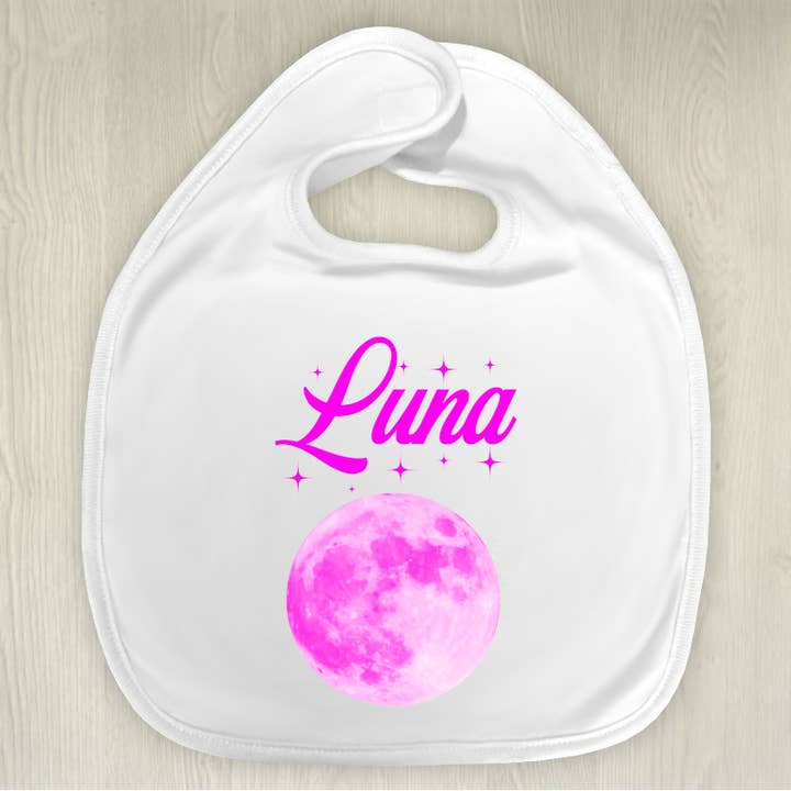 Personalised pink moon bib for wholesale by Tendance Cadeau