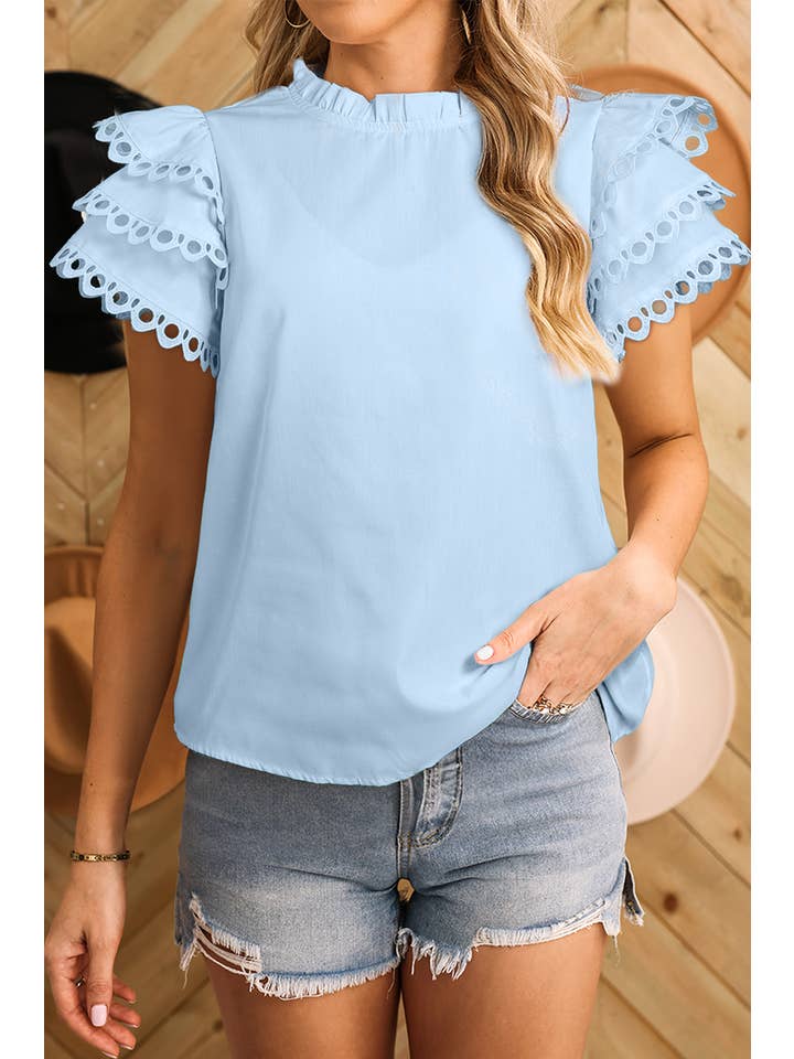 Aapparella - Wholesale Blouse - Women's - Women Layered Rickrac Cap Sleeve Filled Neck Blouse | S-XL