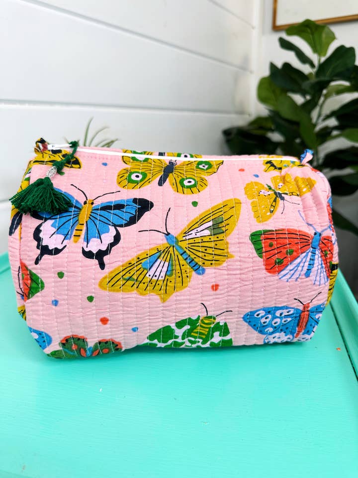 Quilted Makeup Bag | Cosmetic Toiletry Bag | Butterfly Print for wholesale by Folklore Couture