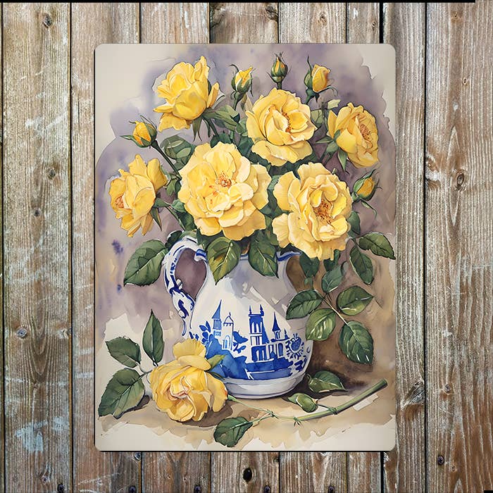 Levendige Gele Rozen | Aquarel | Metalen Bordje voor wholesale door The British Metal Signs Company