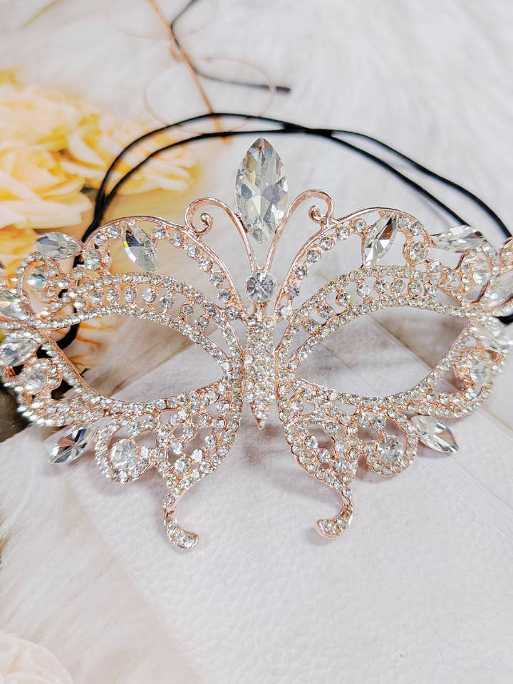 Happy Dream Gifts – Großhandel Kostüm – Damen – Roségoldene Maske, Klare Steinmaske, Schmetterlingsmaskenball-Maske2