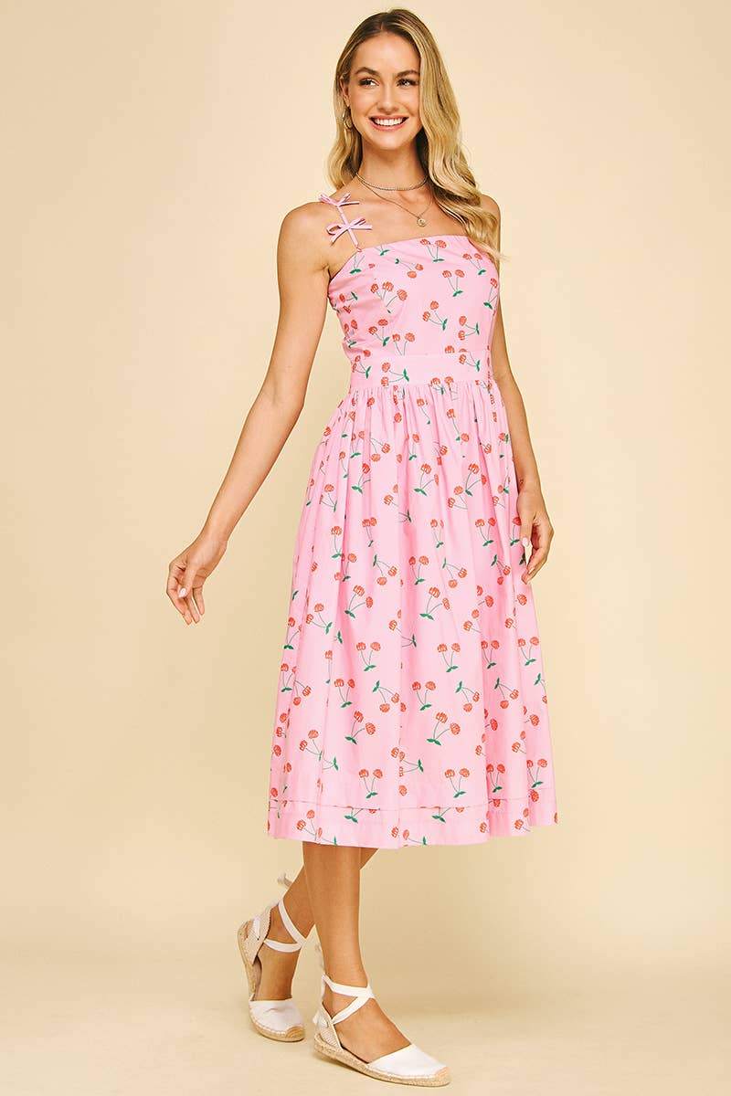 PINCH - Wholesale Dress - Women's - CHERRY PRINT MIDI DRESS WITH RIBBON DETAIL - 6044DA10