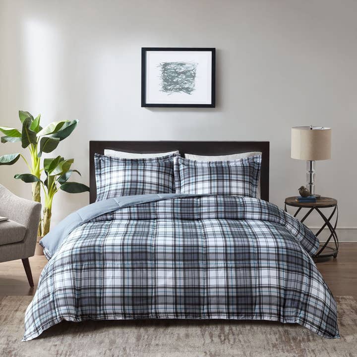 3M Scotchgard Plaid 3-Piece Comforter Set, Dusty Blue for wholesale by Olliix