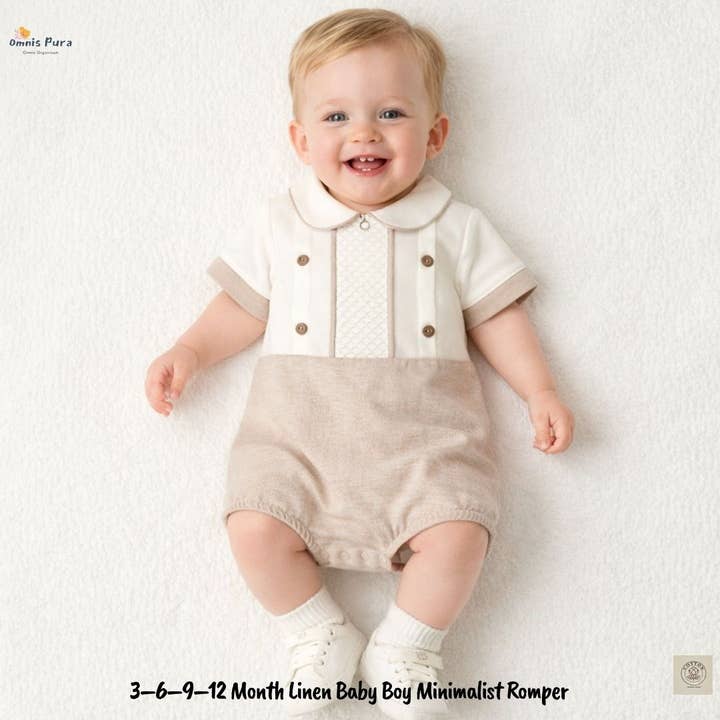 3–6–9–12 Month Linen Baby Boy Minimalist Romper for wholesale by Omnis Pura