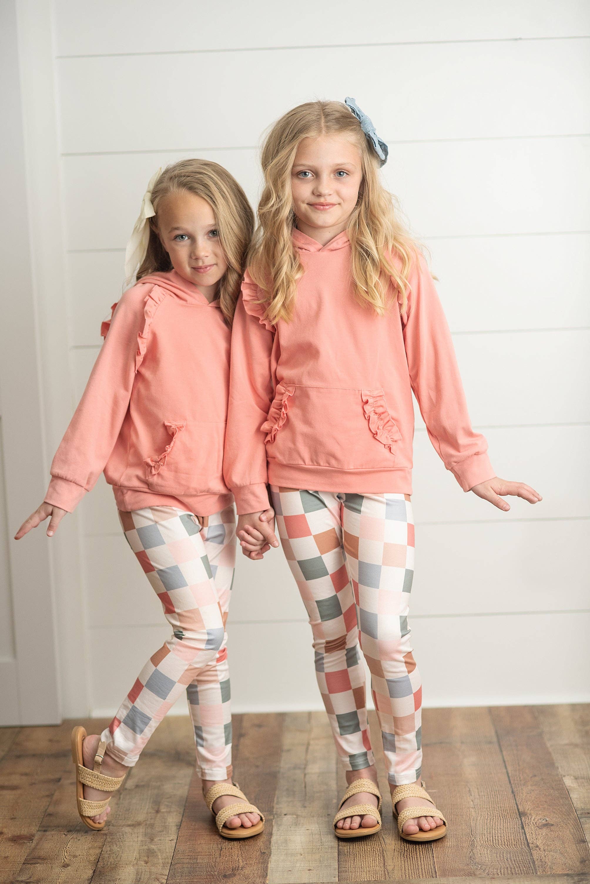 Adorable Sweetness - Wholesale Top & Leggings Set - Kids - Kids Terra Cotta Ruffle Hoodie and Check Leggings Fall Set